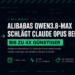„Alibabas Qwen3.8-Max schlägt Claude Opus beim Preis" – Grafik mit Chip-Icon und Warnsymbol, Überschrift „Bis zu 4x günstiger" sowie Kennzahlen zu Veröffentlichungsdatum, aktiven Parametern, Preisersparnis zum Vorgänger und angekündigten Open Weights.